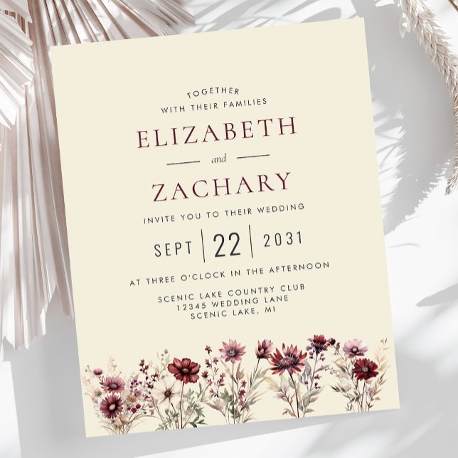 Budget Boho Bourgogne Floral Ivory Wedding Invitat (Créateur téléchargé)
