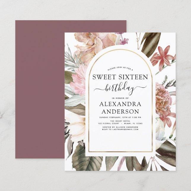 Budget Boho Burgundy Sweet 16 Anniversaire Invitat (Devant / Derrière)