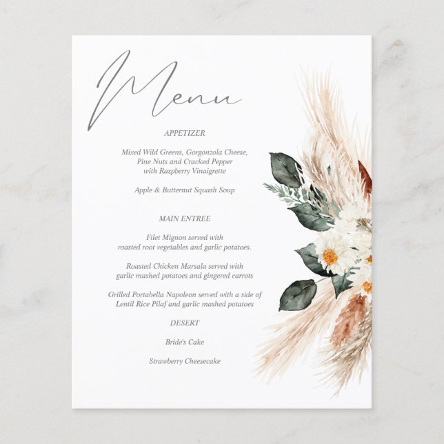 Budget Boho Cuivre Pampas & Beige Floral Menu (Devant)