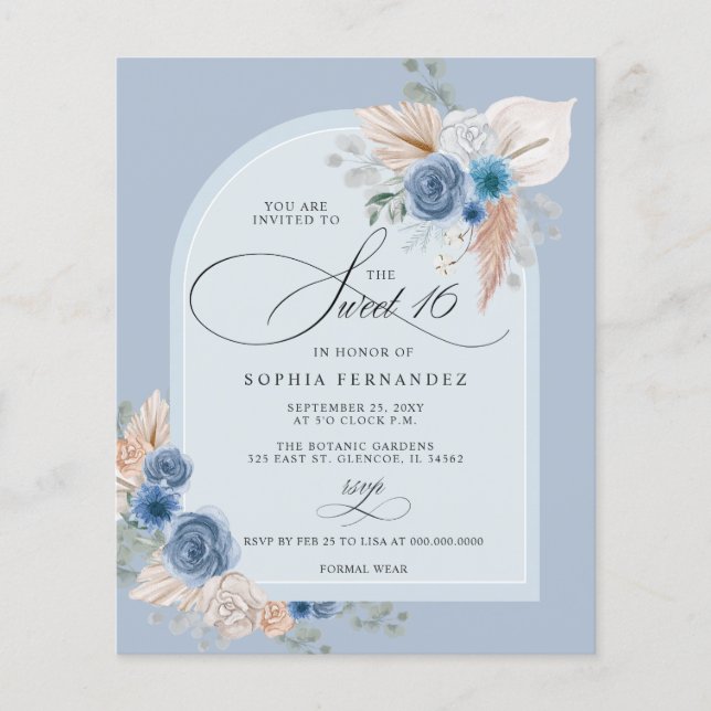 Budget Boho Dusty Blue Pampas Sweet 16 Invitation (Devant)