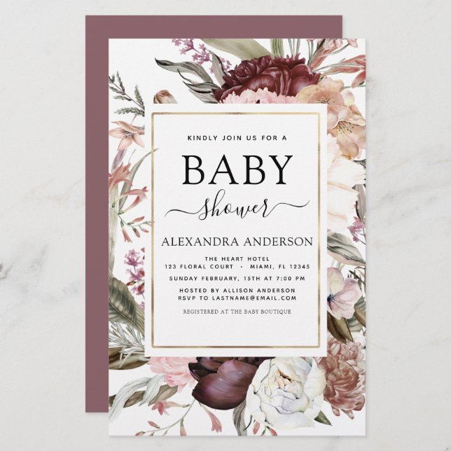 Budget Boho Dusty Pink Burgundy Baby shower (Devant / Derrière)