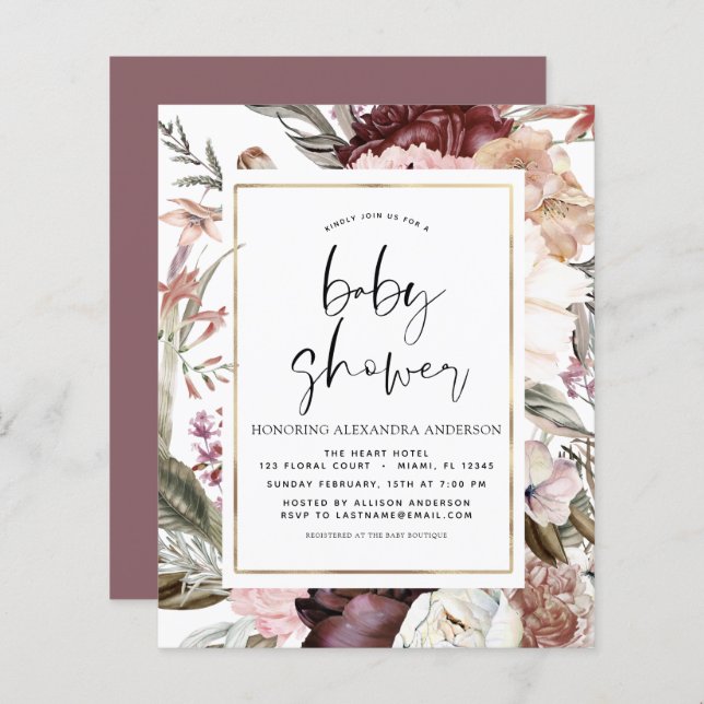 Budget Boho Dusty Pink Burgundy Baby shower (Devant / Derrière)