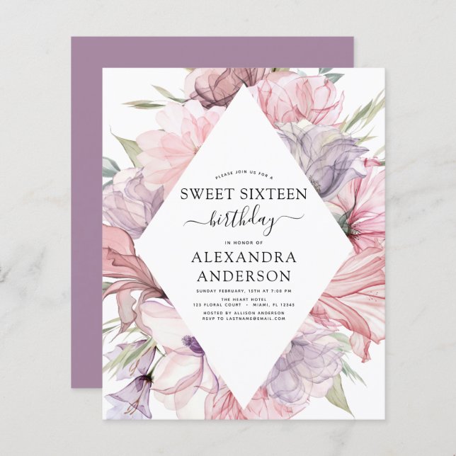 Budget Boho Dusty Purple Sweet 16 Anniversaire Flo (Devant / Derrière)