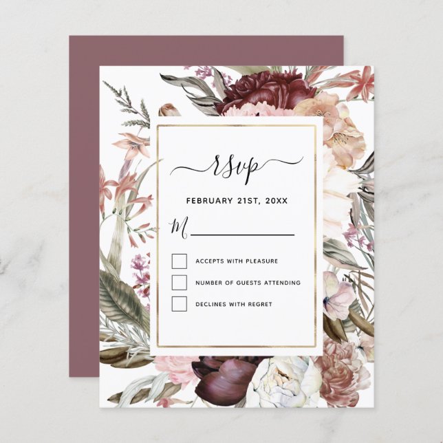 Budget Boho Dusty Rose Bourgogne Mariage RSVP (Devant / Derrière)