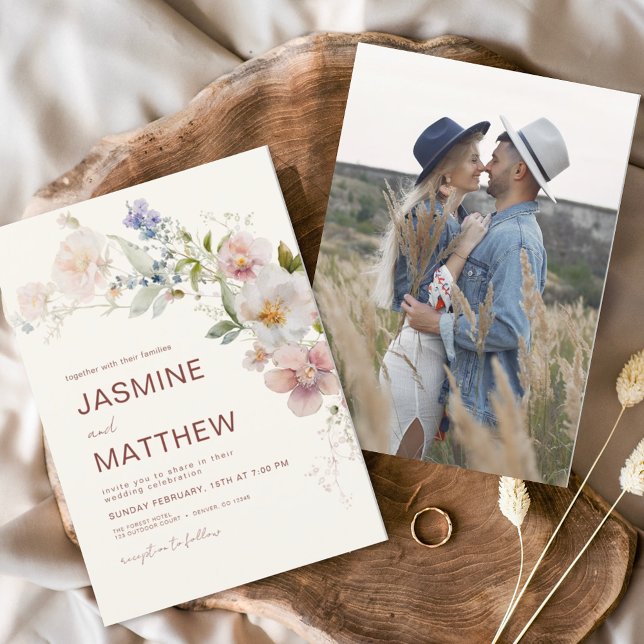 Budget Boho Fleur sauvage Mariage Photo Invitation (Créateur téléchargé)