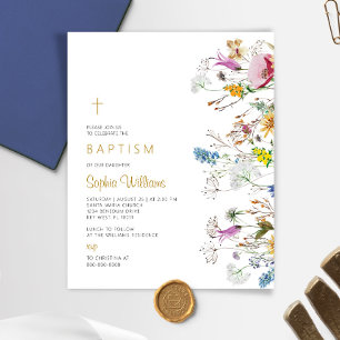 Budget Boho Fleurs sauvages Baptême Invitation
