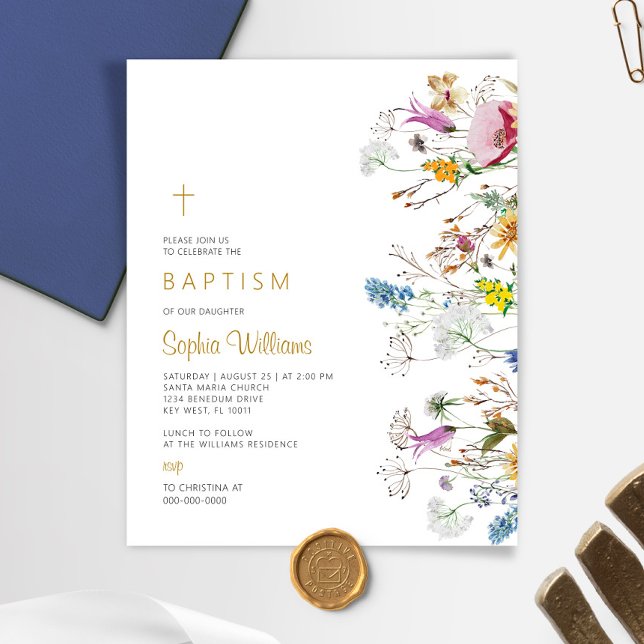 Budget Boho Fleurs sauvages Baptême Invitation (Créateur téléchargé)