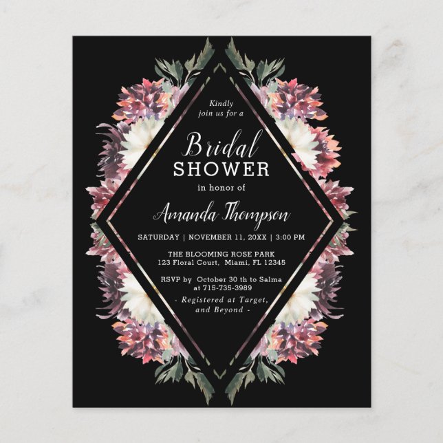 Budget Boho Floral Black Bridal Shower Invitation (Devant)