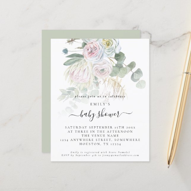 Budget Boho Floral Eucalyptus Baby shower Invitati (Devant/Arrière en situation)