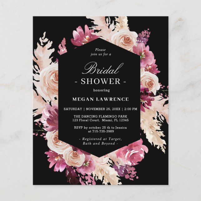 Budget Boho Floral Fête des mariées Black Invitati (Devant)