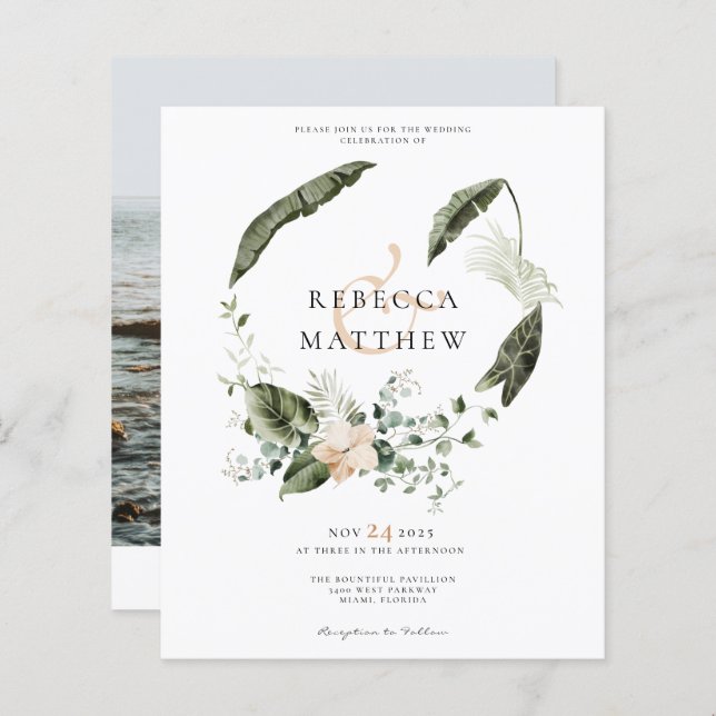 Budget Boho Floral Greenery Mariage Photo Invitati (Devant / Derrière)