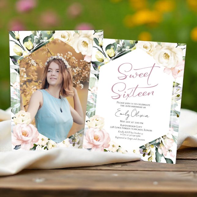Budget Boho Floral Photo Sweet 16 Invitation (Créateur téléchargé)