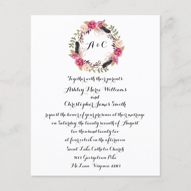 Budget Boho Floral Wedding Invite Greenery (Devant)