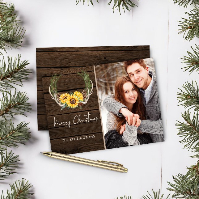 Budget Boho Noël tournesol photo de vacances (Budget Boho Christmas Sunflower Holiday Photo Card)
