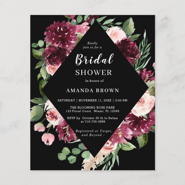 Budget Boho noir Floral Bridal Shower Invitation (Devant)