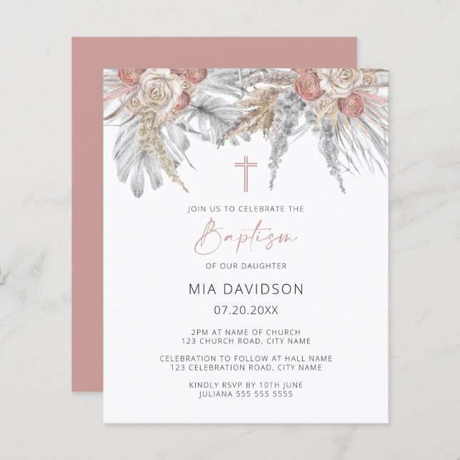 Budget Boho Palm Pampas rose Invitation de baptême (Devant / Derrière)