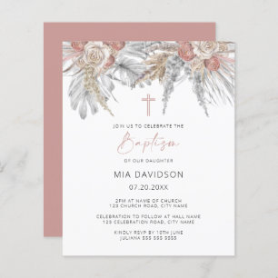 Budget Boho Palm Pampas rose Invitation de baptême