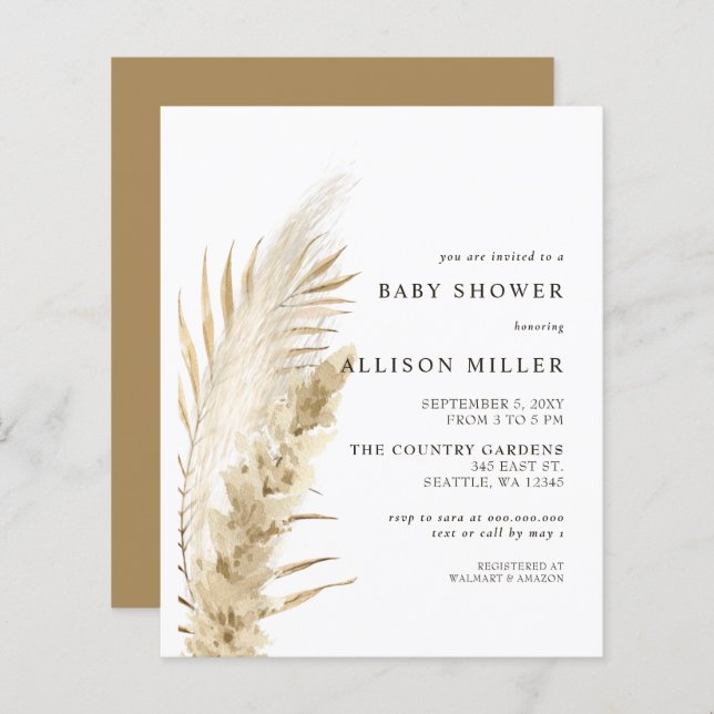 Budget Boho Pampas Baby shower Invitation (Devant / Derrière)