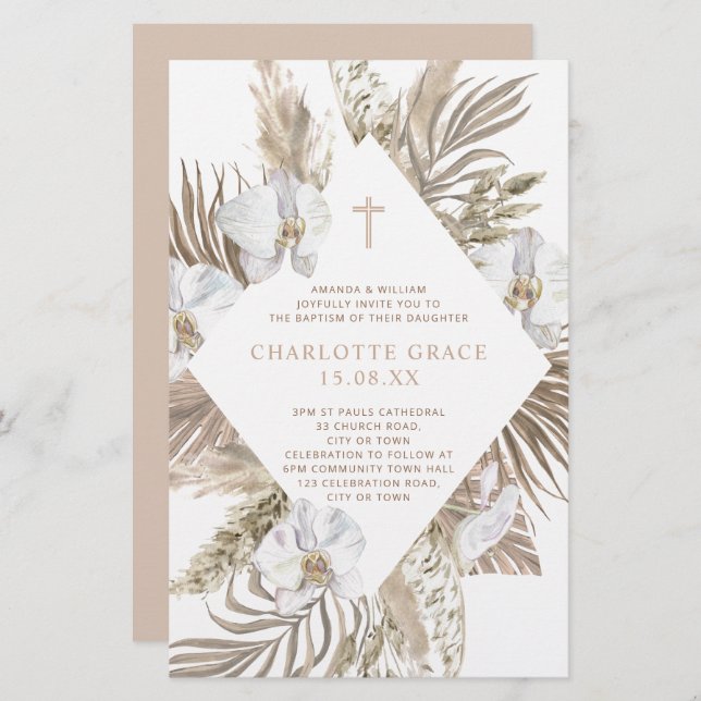 Budget Boho Pampas Floral Baptism rose Tan Invitat (Devant / Derrière)