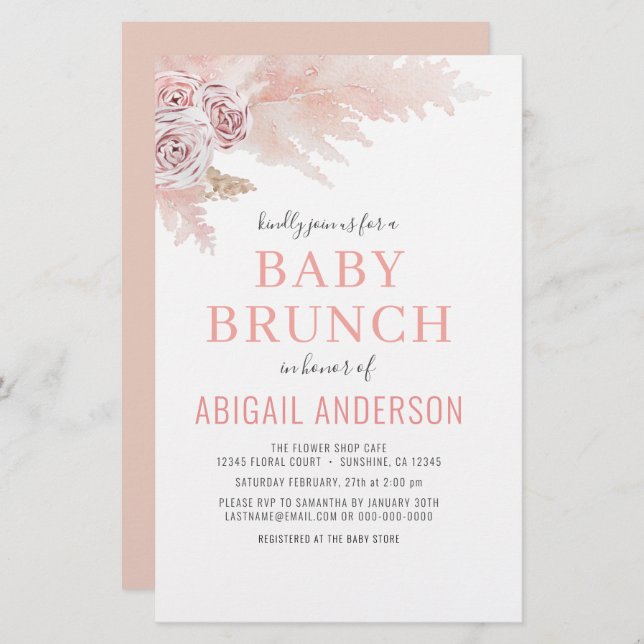 Budget Boho Pampas Grass Baby Brunch Invitation (Devant / Derrière)