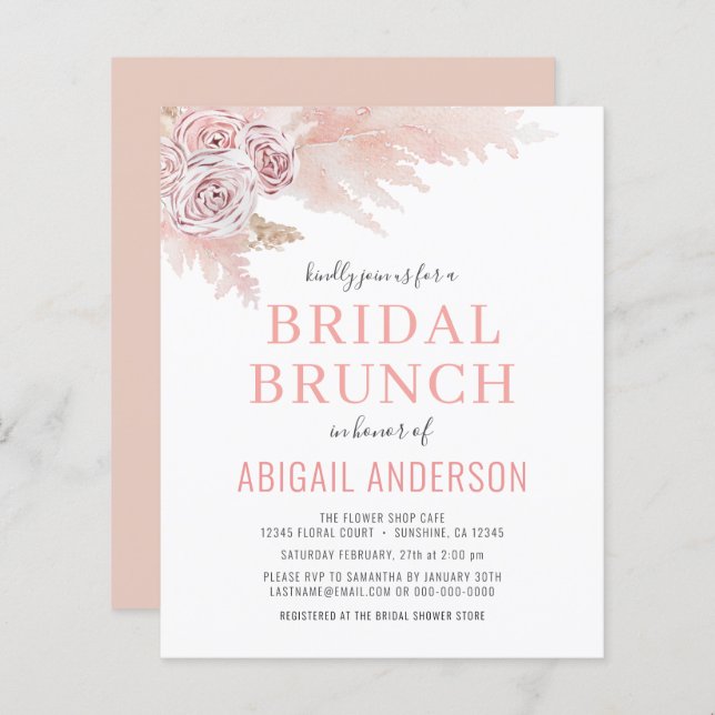 Budget Boho Pampas Grass Bridal Brunch Invitation (Devant / Derrière)