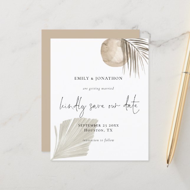 Budget Boho Pampas Grass Script Enregistrer la dat (Devant/Arrière en situation)