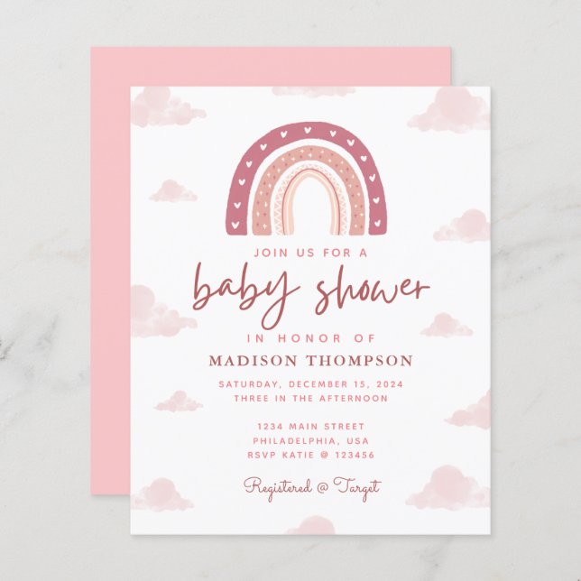 Budget Boho Pastel Pink Rainbow Baby shower (Devant / Derrière)