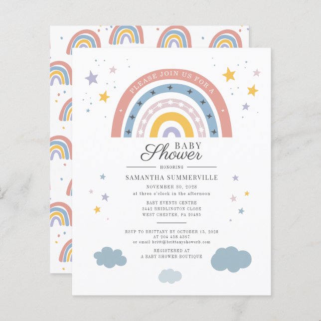 Budget Boho Rainbow Watercolor Script Baby shower (Devant / Derrière)