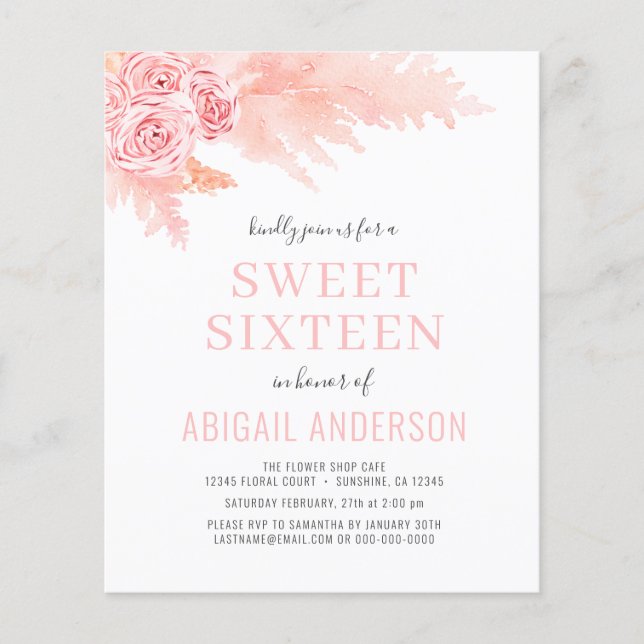 Budget Boho rose Sweet sixteen Invitation (Devant)