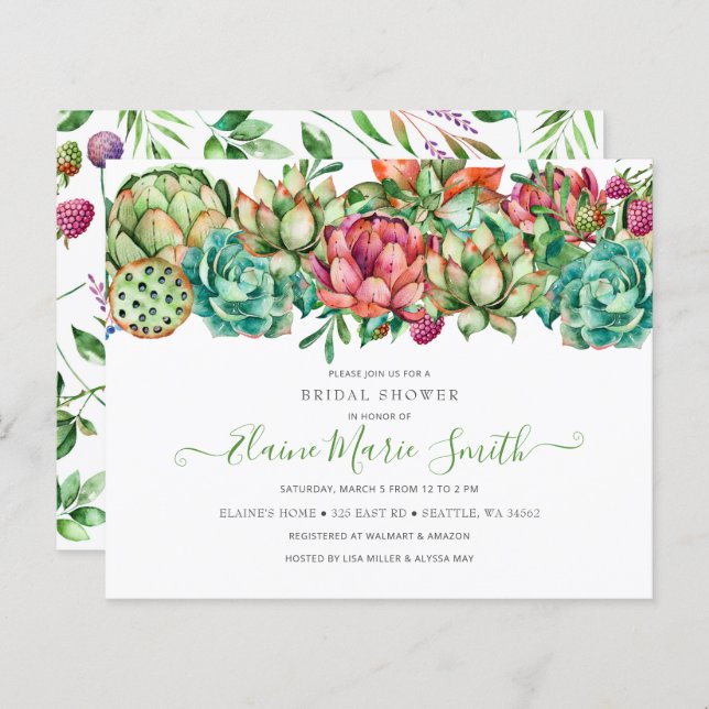 Budget Boho Succulente Invitation à la douche nupt (Devant / Derrière)