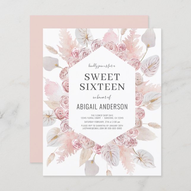 Budget Boho Sweet sixteen Invitation moderne (Devant / Derrière)