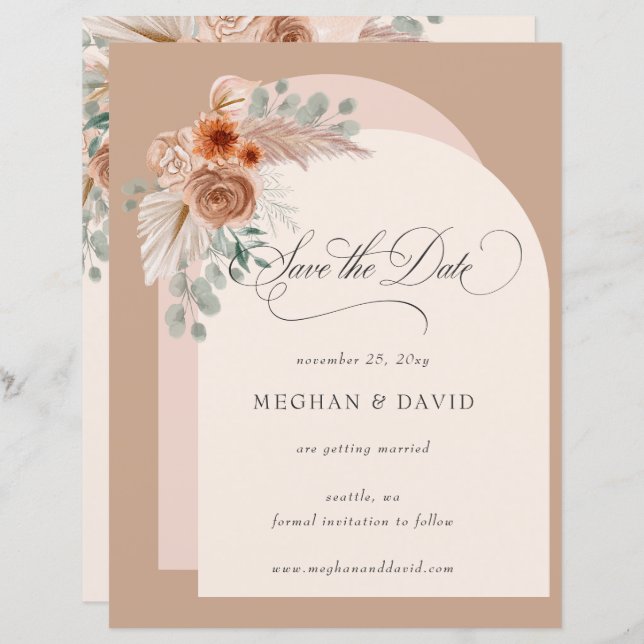 Budget Boho Terracotta Pampas Enregistrer la date (Devant / Derrière)