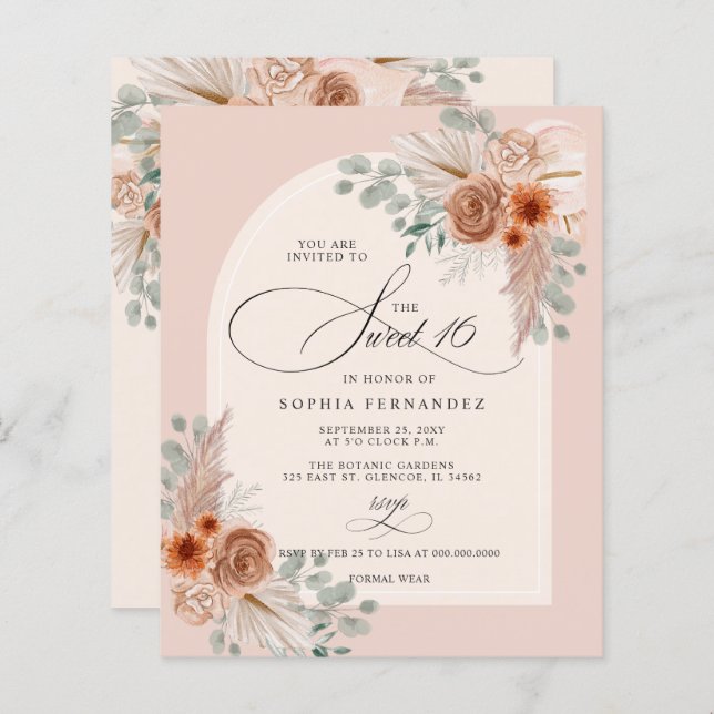 Budget Boho Terracotta Pampas Sweet 16 Invitation (Devant / Derrière)