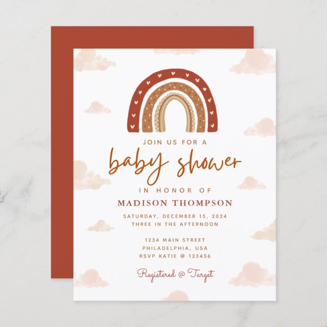 Budget Boho Terracotta Rainbow Clouds Baby shower (Devant / Derrière)