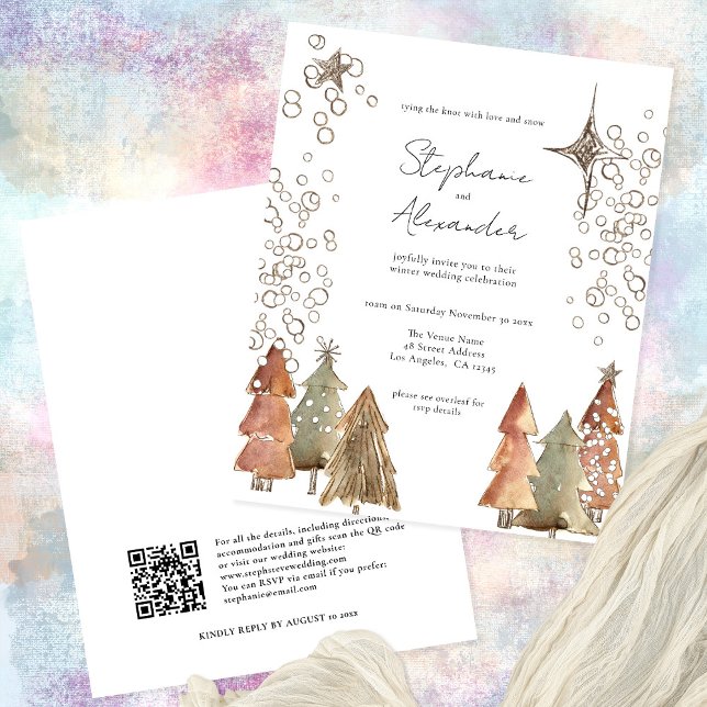 Budget Boho Trees étoiles QR Code Mariage de Noël (Front and back view)