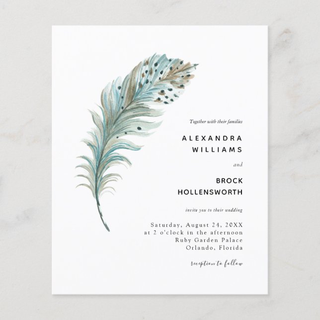 Budget Boho Turquoise Plumes bleu Mariage minimal (Devant)