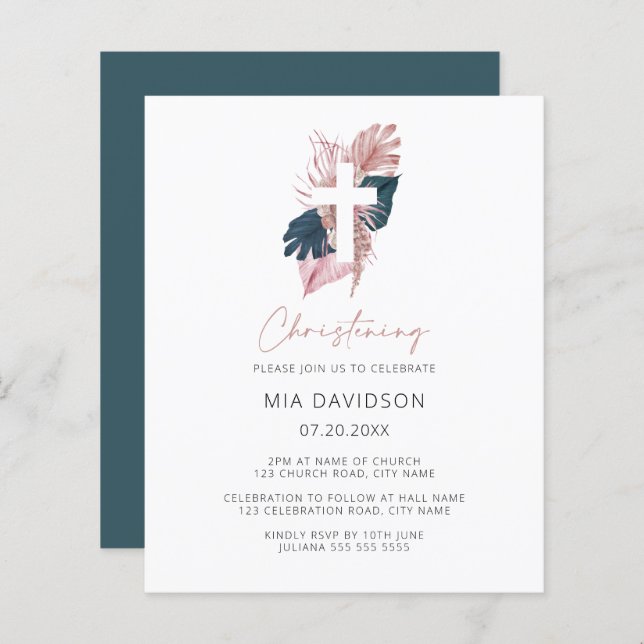 Budget Boho Watercolor Floral Christening Invitati (Devant / Derrière)