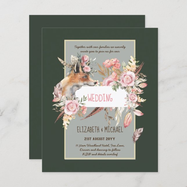 BUDGET Boho Woodland FOX Floral Mariage Moderne (Devant / Derrière)