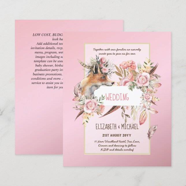 BUDGET Boho Woodland FOX Floral Mariage Moderne (Devant / Derrière)