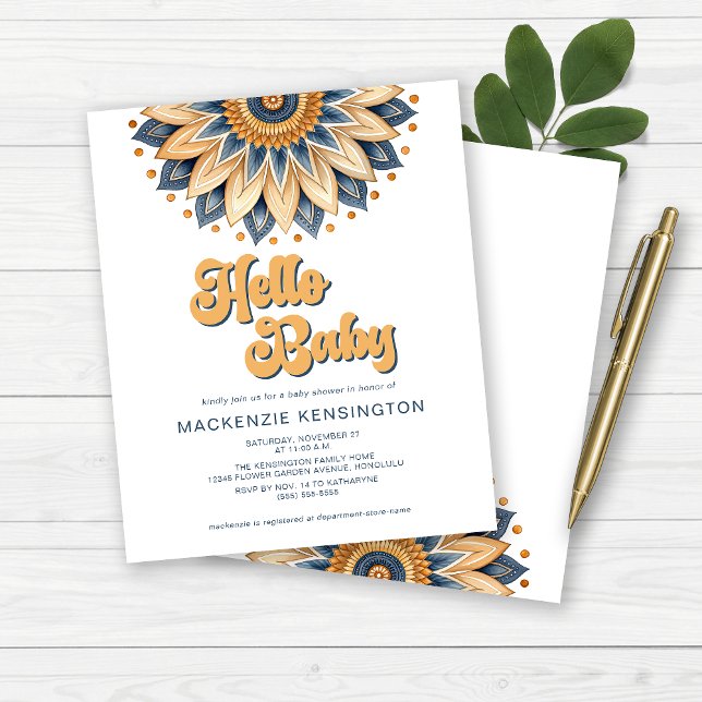BUDGET Bonjour Bébé Bleu Or Baby shower rétro (BUDGET Hello Baby Blue and Gold Retro Boho Baby Shower Invitation)