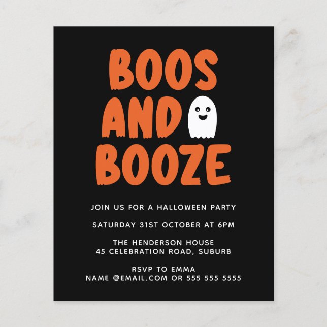 Budget Boos & Booze mignon Ghost Halloween Invitat (Devant)