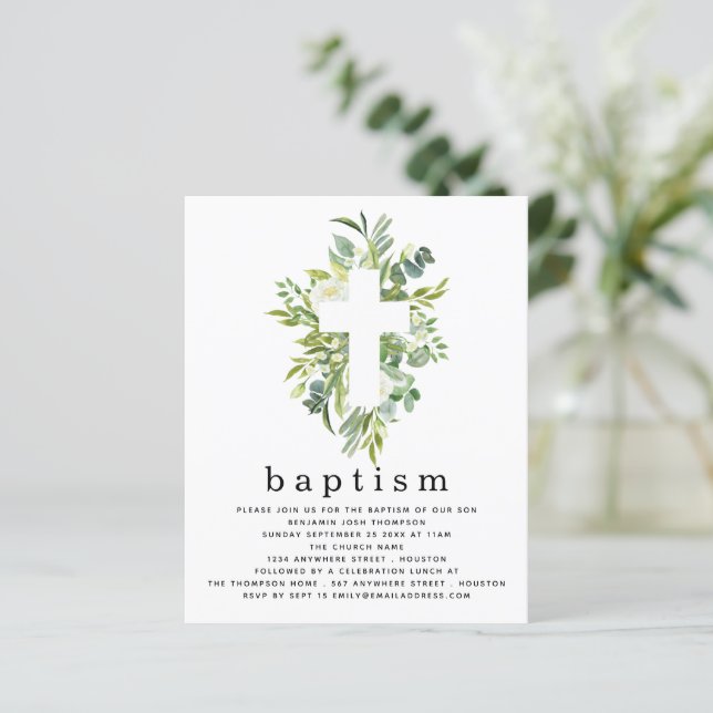 Budget Botanique Feuilles Cross Baptism Invitation (Debout devant)