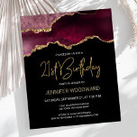 Budget Bourgogne Agate 21e anniversaire Invitation<br><div class="desc">Cette invitation branchée de 21e anniversaire présente une aquarelle d'une géode d'agate dans les tons bordeaux avec des reflets d'or. Les mots "21e anniversaire" apparaissent dans la parties scintillant en faux or dans la police décorative moderne d'écriture manuscrite. Customisez-le avec le nom de l'honoré dans le texte couleur or et...</div>