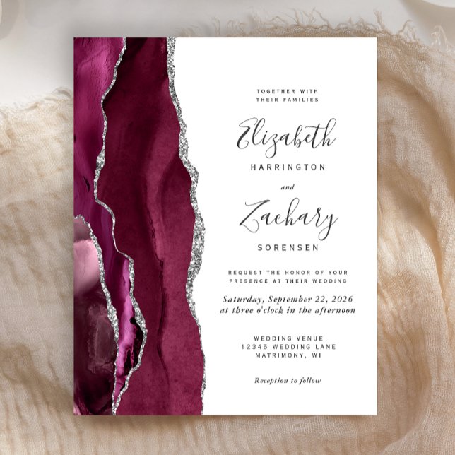 Budget Bourgogne Argent Agate Mariage Invitation (Créateur téléchargé)