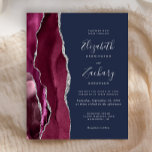 Budget Bourgogne Argent Agate Marine Mariage Invit<br><div class="desc">Le bord gauche de cette élégante faire-part de mariage moderne est orné d'une bordure d'aquarelle bordeaux et d'une fausse parties scintillant argentée. Le texte personnalisable combine écriture gris argenté,  copperplate et polices italiques sur un arrière - plan bleu marine. L'envers est assorti d'un design d'agate bordeaux et argenté.</div>