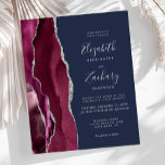 Budget Bourgogne Argent Agate Marine Mariage Invit<br><div class="desc">Le bord gauche de cette élégante faire-part de mariage moderne est orné d'une bordure d'aquarelle bordeaux et d'une fausse parties scintillant argentée. Le texte personnalisable combine écriture gris argenté,  copperplate et polices italiques sur un arrière - plan bleu marine. L'envers est assorti d'un design d'agate bordeaux et argenté.</div>