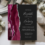 Budget Bourgogne Argent Agate Noir Mariage foncé I<br><div class="desc">Le bord gauche de cette élégante faire-part de mariage moderne est orné d'une bordure d'aquarelle bordeaux et d'une fausse parties scintillant argentée. Le texte personnalisable combine écriture gris argent,  copperplate et polices italiques sur un arrière - plan non noir. L'envers est assorti d'un design d'agate bordeaux et argenté.</div>