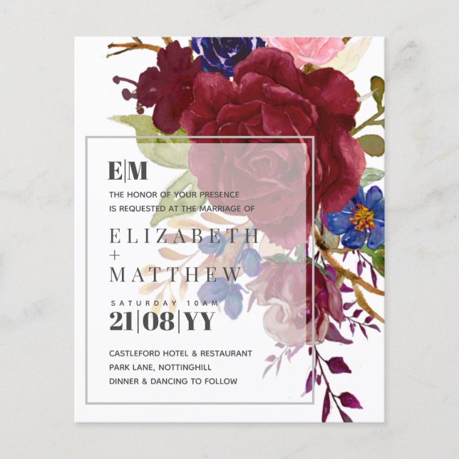 Budget Bourgogne Bleu Moderne Mariage Floral Invit (Devant)