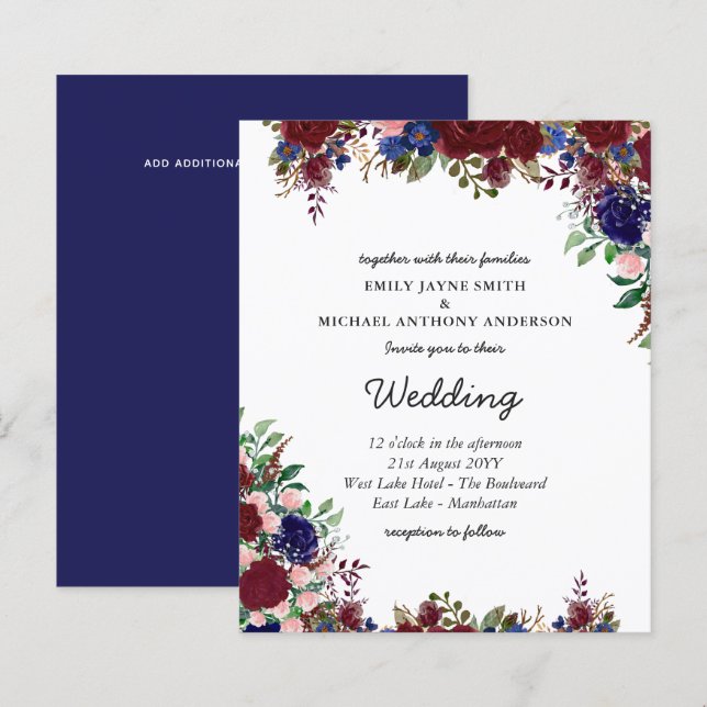 Budget Bourgogne Blue Floral Mariage Invite (Devant / Derrière)
