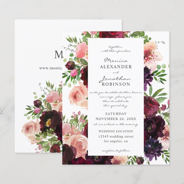 Budget Bourgogne & Blush Floral Mariage sur Blanc (Devant / Derrière)